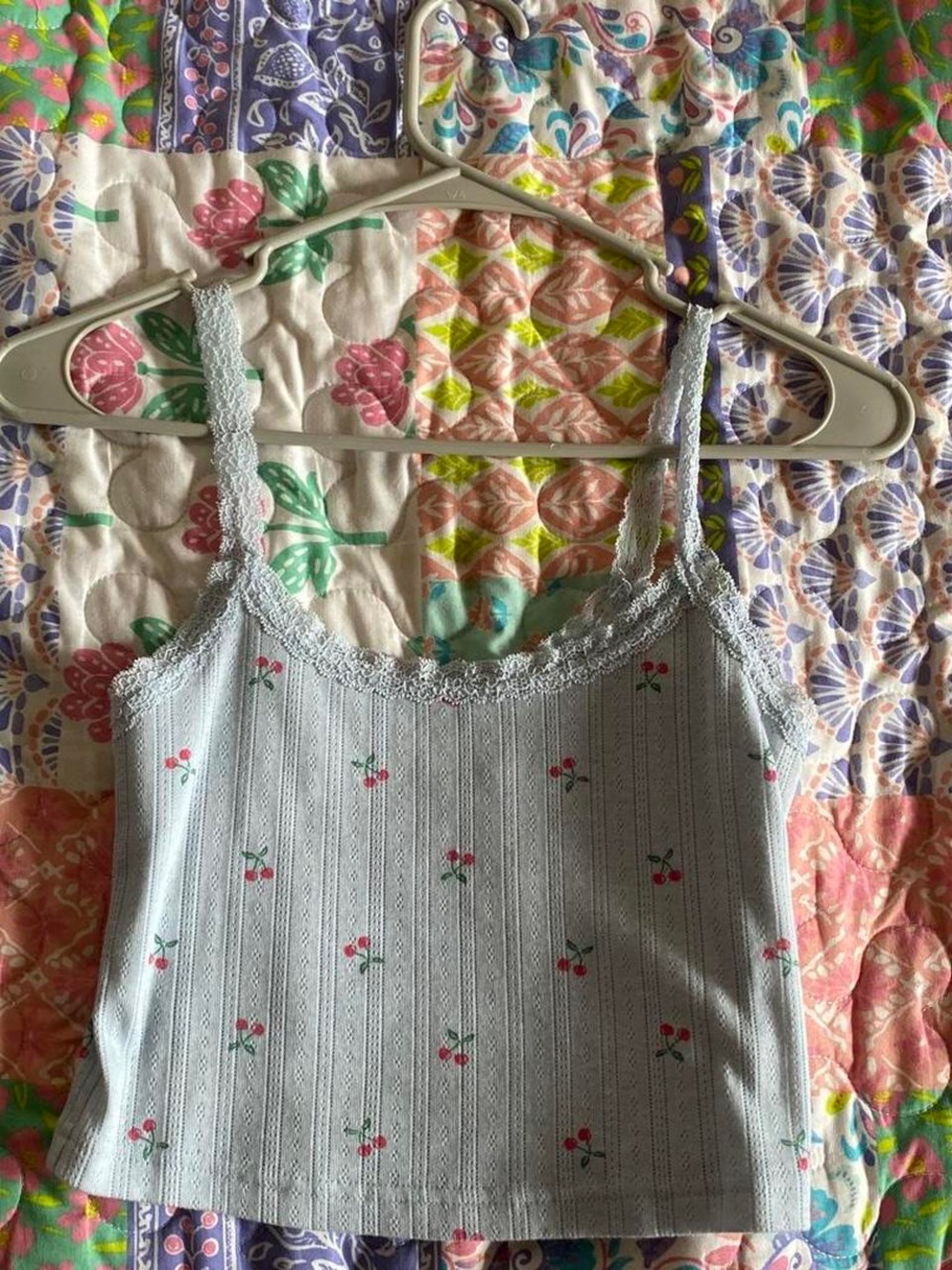 PacSun Light Blue Ribbed Cherry Lace-Trim Crop Cami Top
